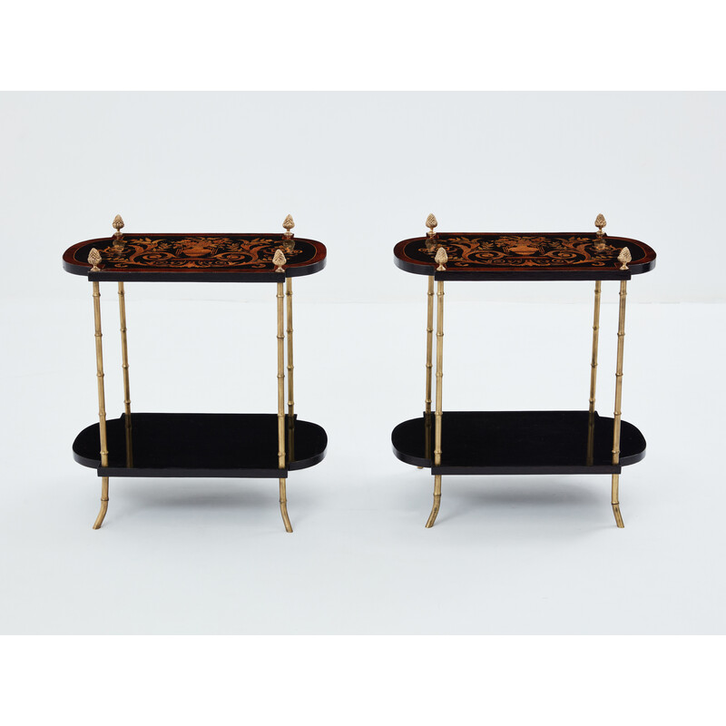 Pareja de mesas auxiliares vintage en madera de peral ennegrecida y bronce para La Maison Baguès, 1940