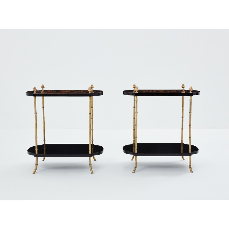 Pair of vintage side tables in blackened pear wood and bronze for La Maison Baguès, 1940