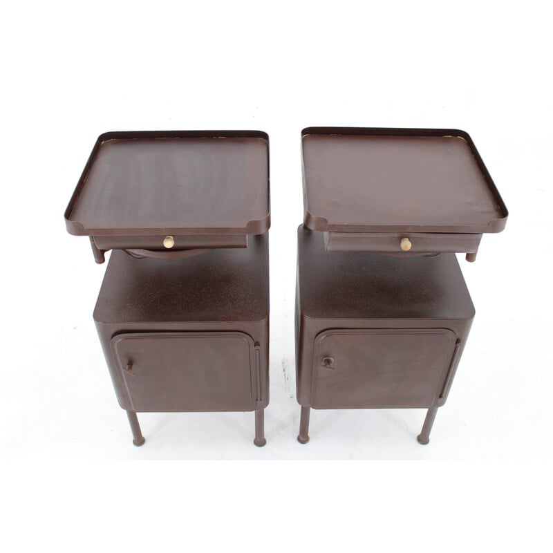 Pair of vintage industrial bedside tables with sliding table, Czechoslovakia 1940