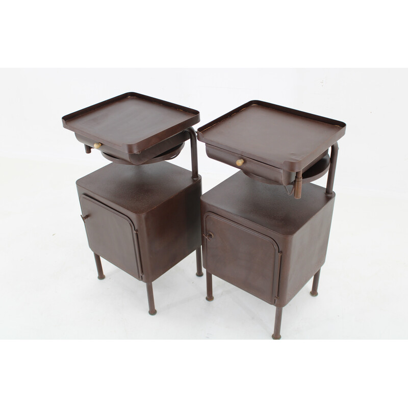 Pair of vintage industrial bedside tables with sliding table, Czechoslovakia 1940