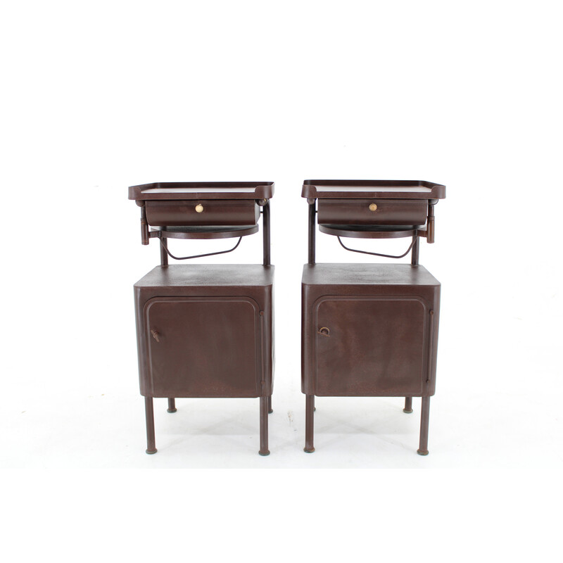 Pair of vintage industrial bedside tables with sliding table, Czechoslovakia 1940