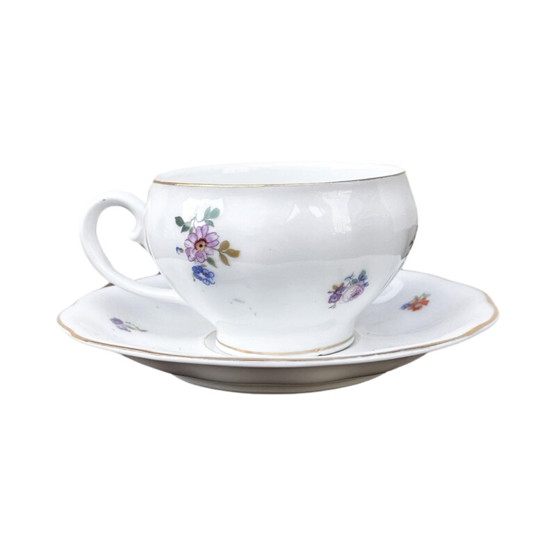 Tasse et soucoupe vintage Art Nouveau en porcelaine blanche émaillée en forme de tonneau pour Koenigszelt, 1930