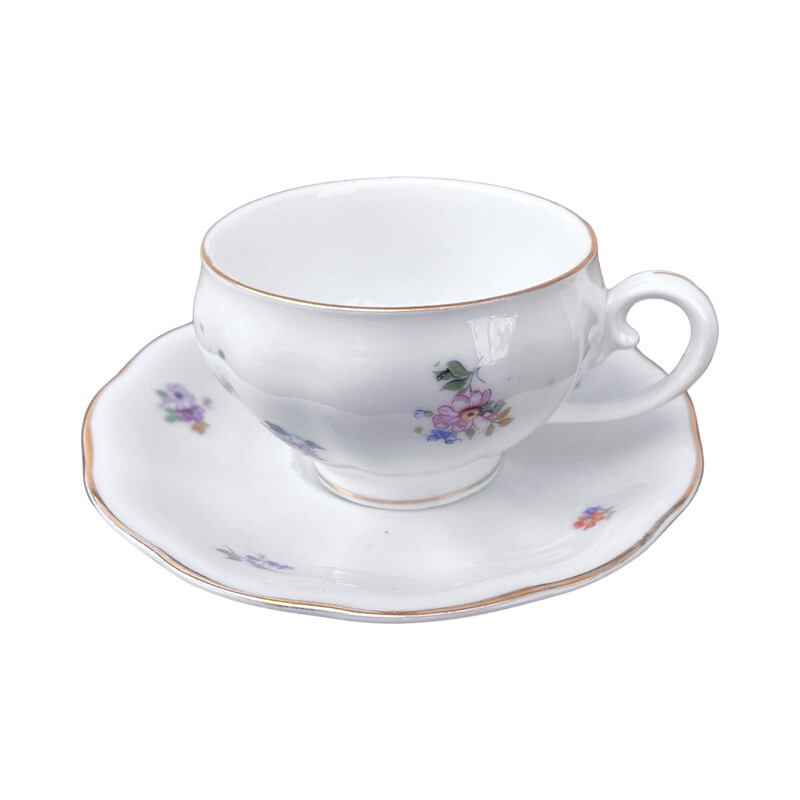 Tasse et soucoupe vintage Art Nouveau en porcelaine blanche émaillée en forme de tonneau pour Koenigszelt, 1930