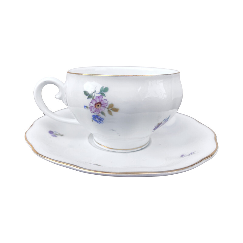 Tasse et soucoupe vintage Art Nouveau en porcelaine blanche émaillée en forme de tonneau pour Koenigszelt, 1930