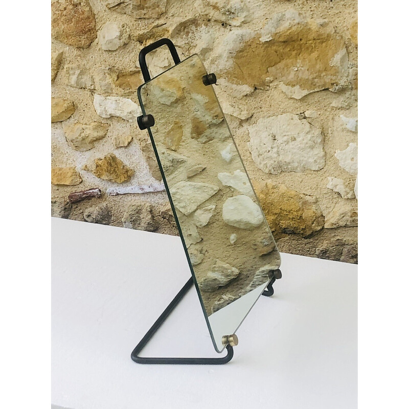Vintage table mirror with metal base in the shape of a trapezium, 1950