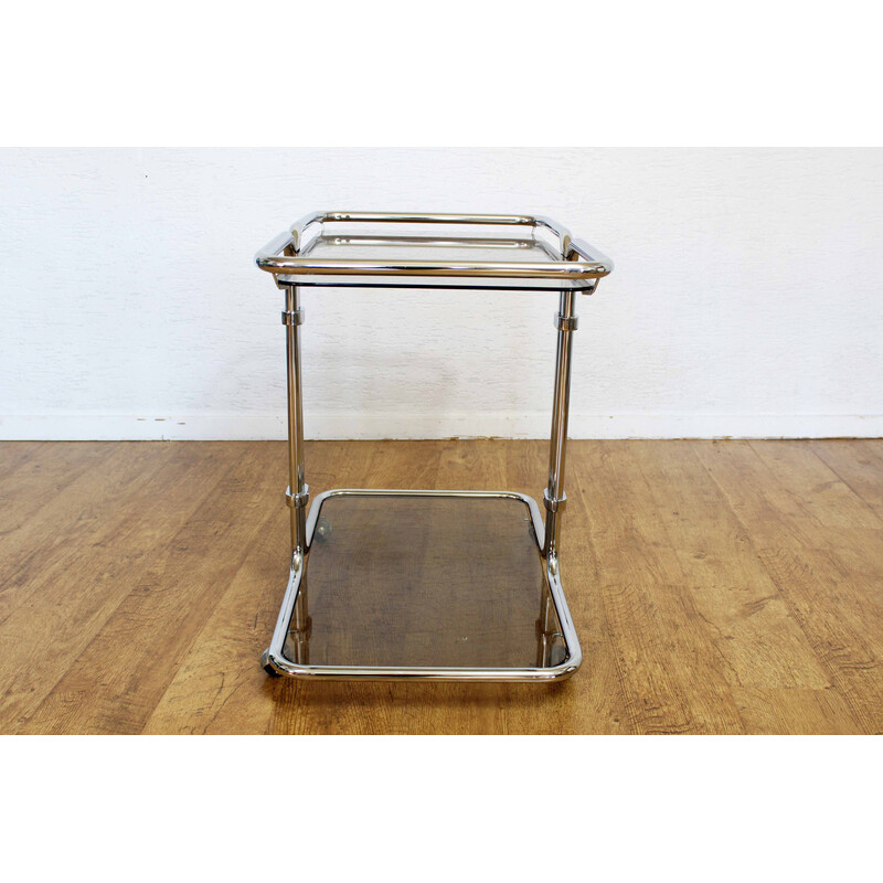 Vintage trolley on wheels in tubular metal and smoked glass, 1970