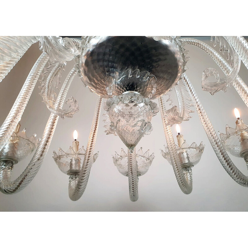 Lampadario vintage in vetro di Murano con 12 bracci luminosi, Italia