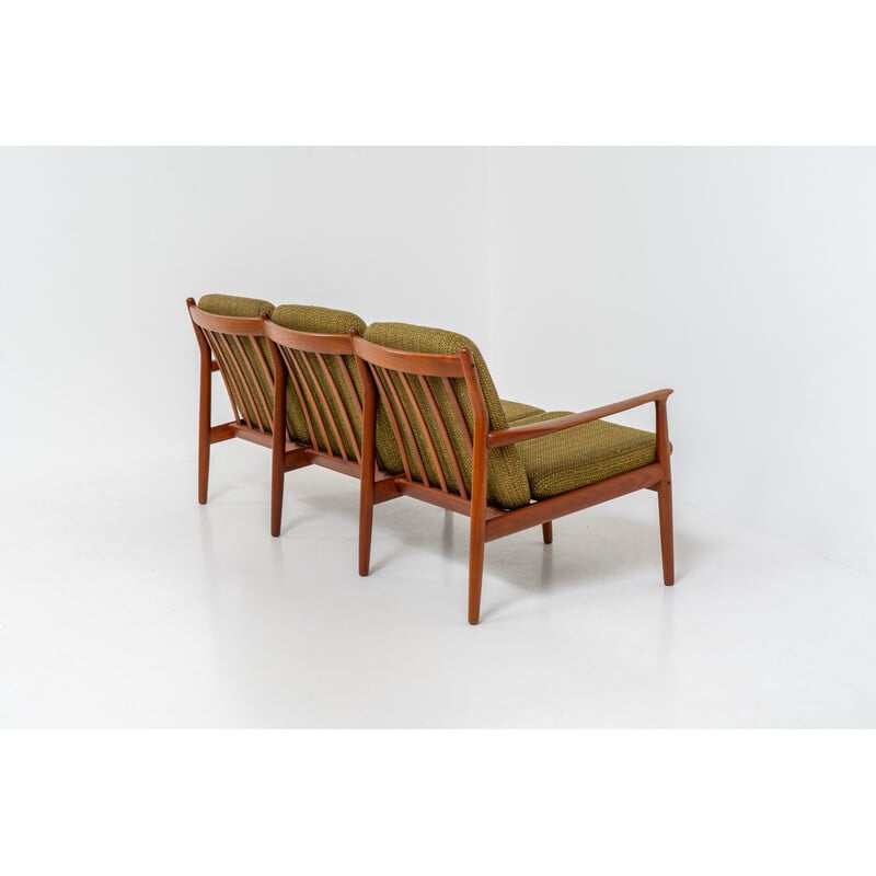 Vintage 3-seater sofa in solid teak and wool fabric by Grete Jalk for Glostrup, Denmark 1960