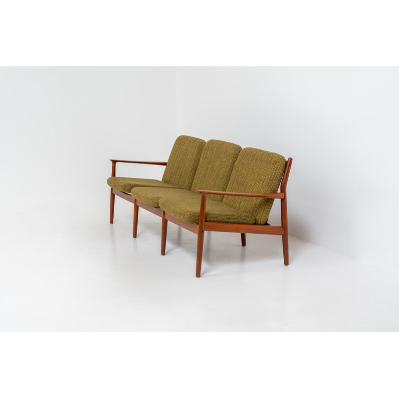 Vintage 3-seater sofa in solid teak and wool fabric by Grete Jalk for Glostrup, Denmark 1960