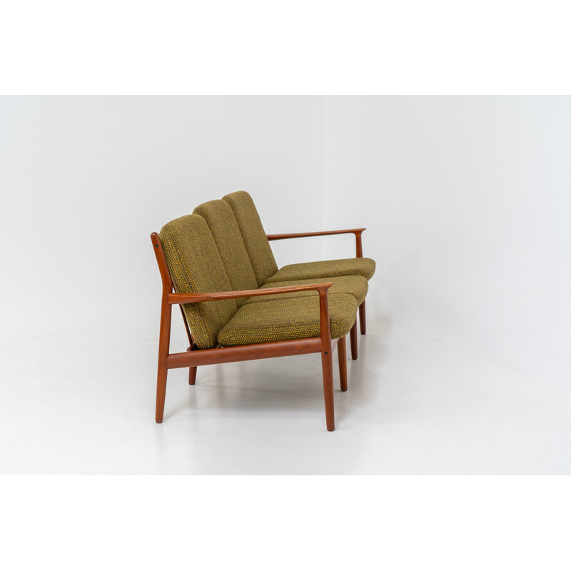 Vintage 3-seater sofa in solid teak and wool fabric by Grete Jalk for Glostrup, Denmark 1960