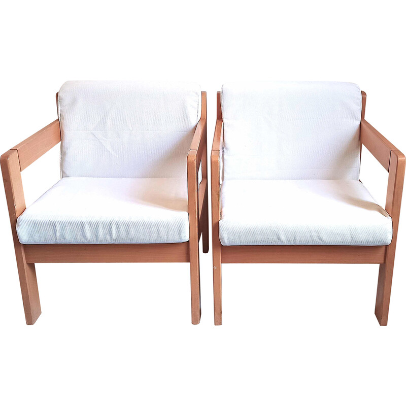 Paar vintage fauteuils in massief beuken en witte stof van Magne France