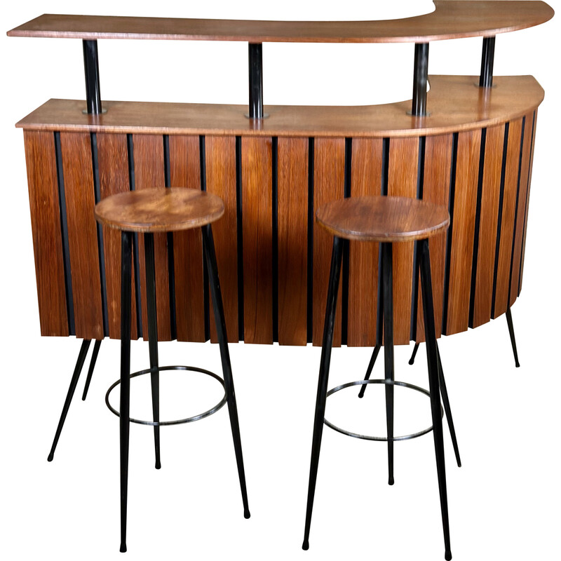 Vintage teak and metal cocktail bar with 2 stools, 1950