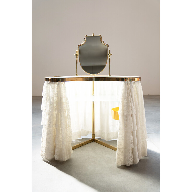 Vintage brass and glass makeup cabinet with curtain, 1960