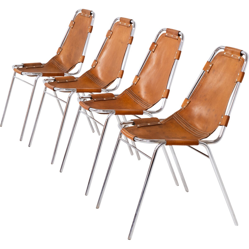 Set of 4 vintage chairs in chrome steel and leather by Charlotte Perriand for Dal Vera, Italy 1960