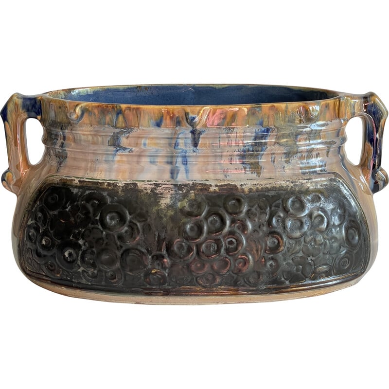 Fioriera d'epoca in ceramica smaltata con decorazione a barbottina