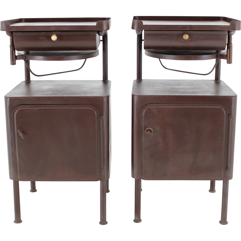Pair of vintage industrial bedside tables with sliding table, Czechoslovakia 1940
