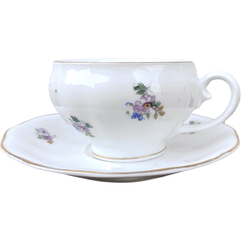 Vintage Art Nouveau barrel-shaped glazed white porcelain cup and saucer for Koenigszelt, 1930