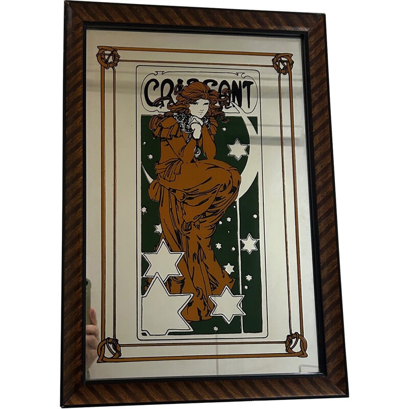 Miroir vintage cadre en bois par Alphonse Mucha, 1970