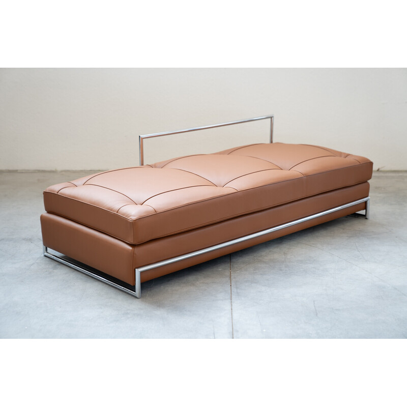 Vintage daybed sofa in chrome steel and cognac leather by Eileen Gray for Vereinigte Werkstatten, Germany 1990
