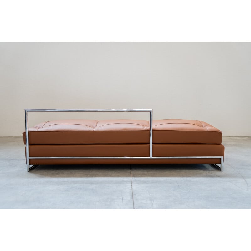 Vintage daybed sofa in chrome steel and cognac leather by Eileen Gray for Vereinigte Werkstatten, Germany 1990