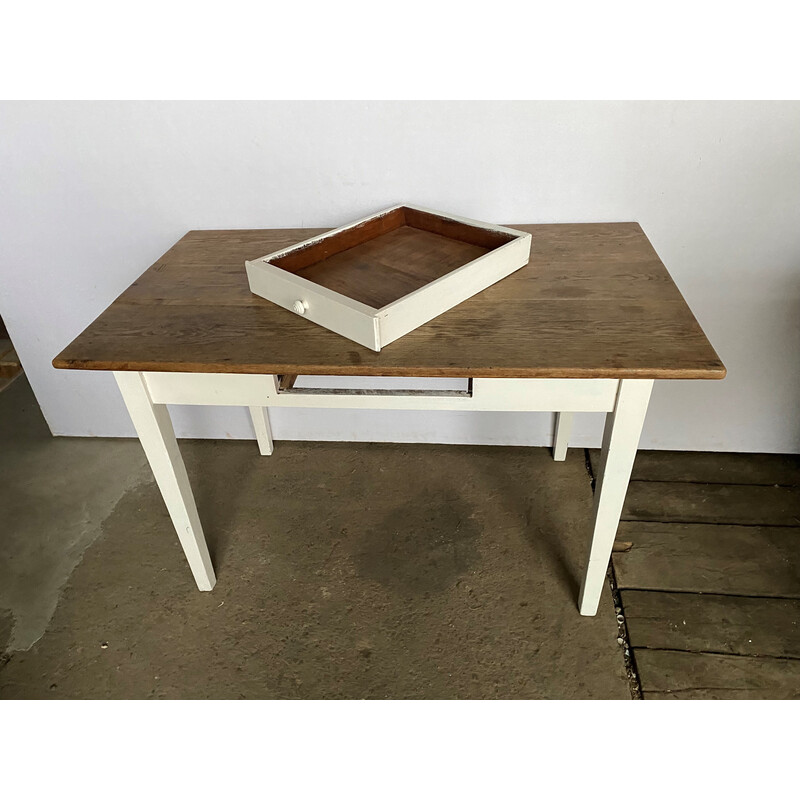 Vintage solid oak 1-drawer farmhouse dining table, 1900