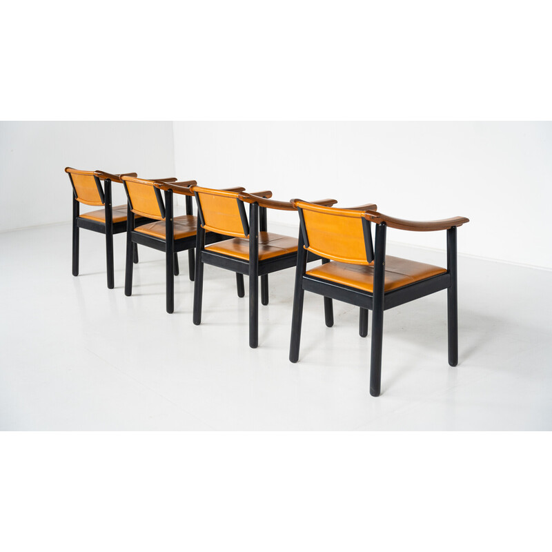 Set of 4 vintage armchairs in wood and leather, Italy 1960