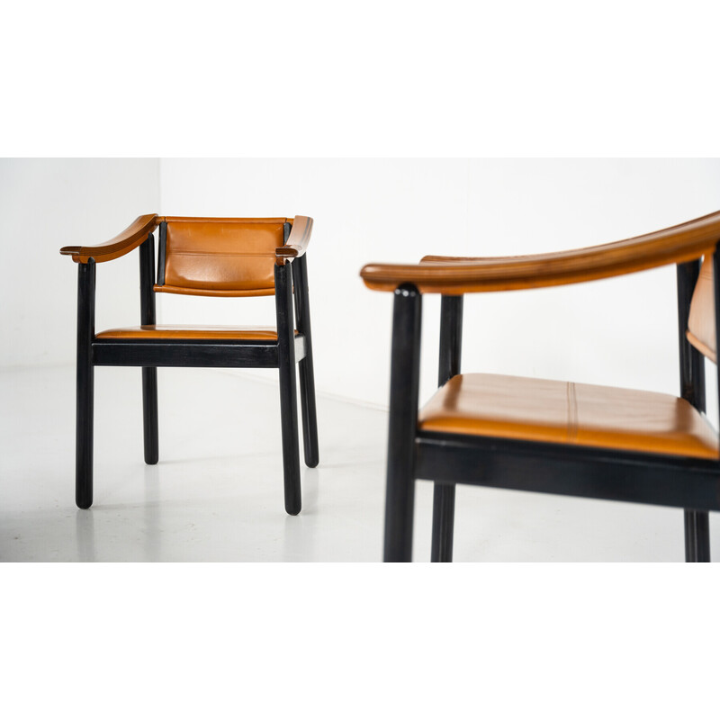 Satz von 4 Vintage-Sesseln aus Holz und Leder, Italien 1960