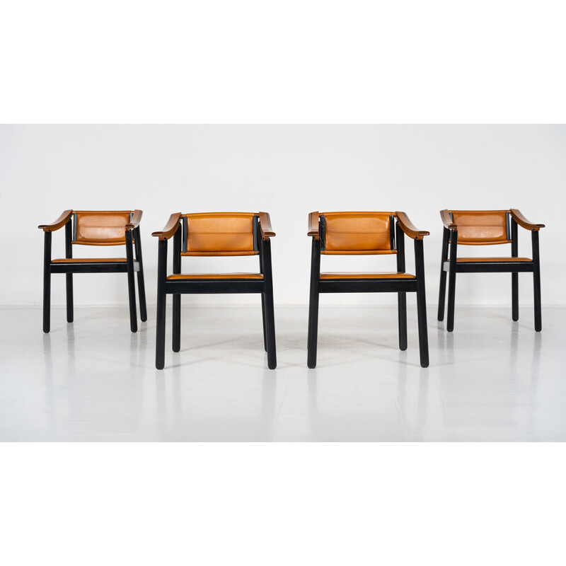 Set of 4 vintage armchairs in wood and leather, Italy 1960