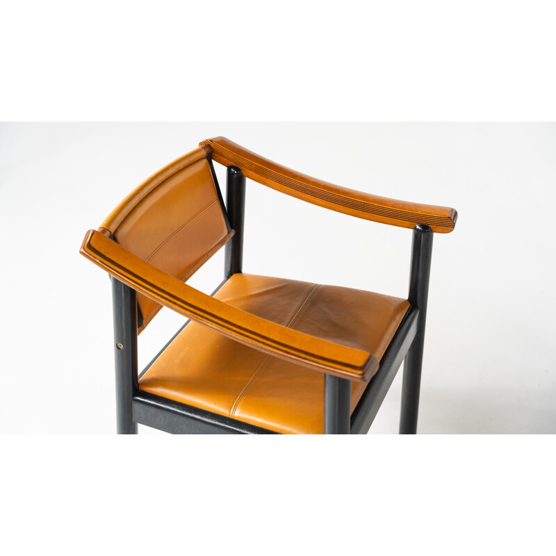 Set van 4 vintage fauteuils in hout en leer, Italië 1960