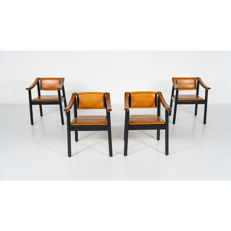 Set of 4 vintage armchairs in wood and leather, Italy 1960
