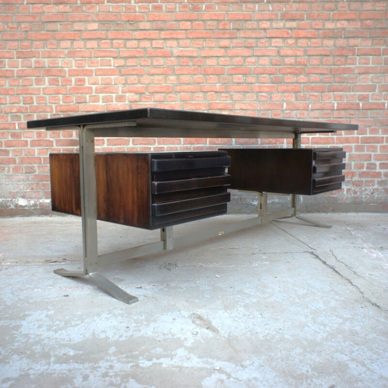 Vintage rosewood veneer and curved steel executive desk by Gianni Moscatelli for Formanova, 1970