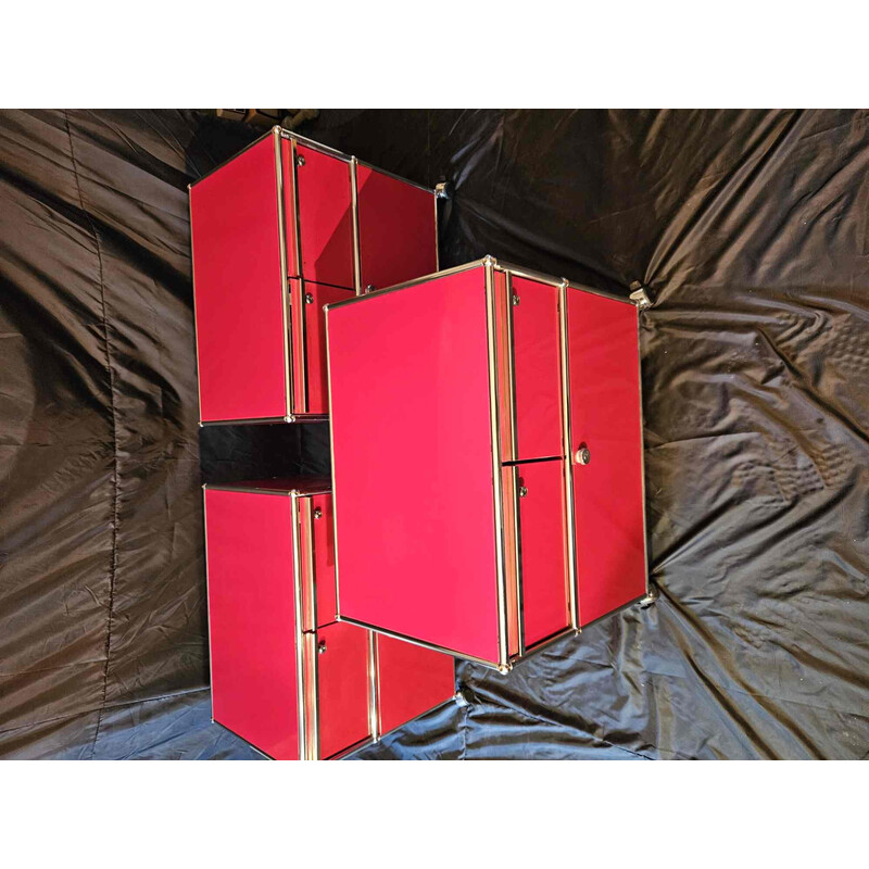 Set of 3 vintage red office pedestals on wheels for Usm Haller