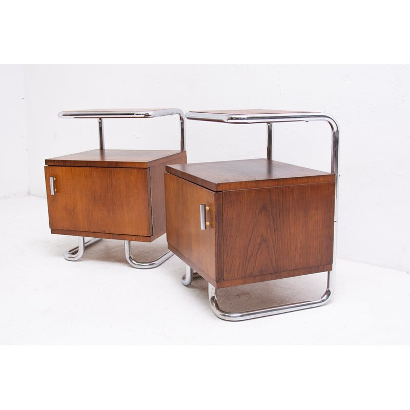 Pair of vintage oak and chrome steel nightstands by Vichr and Spol for Kovona, Czechoslovakia 1950