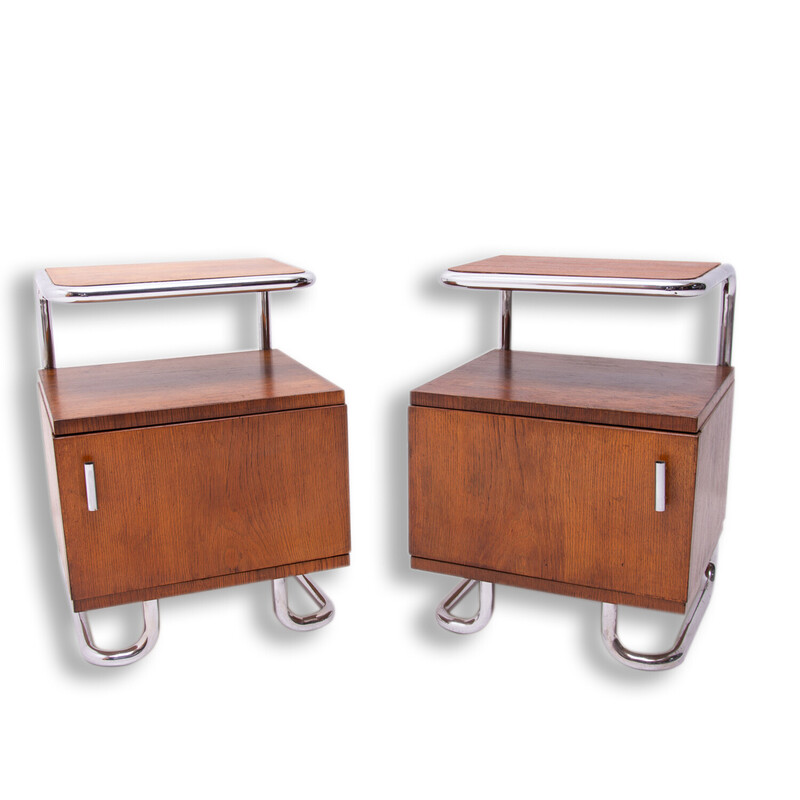 Pair of vintage oak and chrome steel nightstands by Vichr and Spol for Kovona, Czechoslovakia 1950