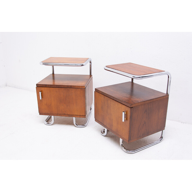 Pair of vintage oak and chrome steel nightstands by Vichr and Spol for Kovona, Czechoslovakia 1950