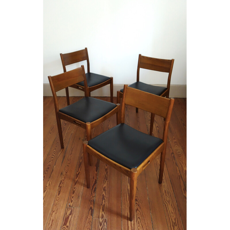 Set of 4 bench and leatherette chairs - 1960s