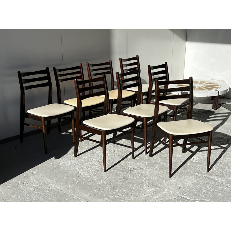 Set of 8 vintage chairs in solid teak and beige leatherette by Vestervig Eriksen for Brbr Tromborg, 1960