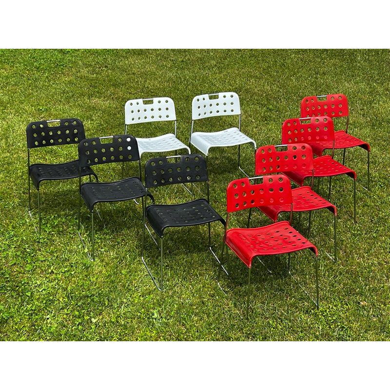 Set of 9 vintage Omstak chairs in lacquered metal and chrome steel by Rodney Kinsman for Bieffeplast, Italy 1960