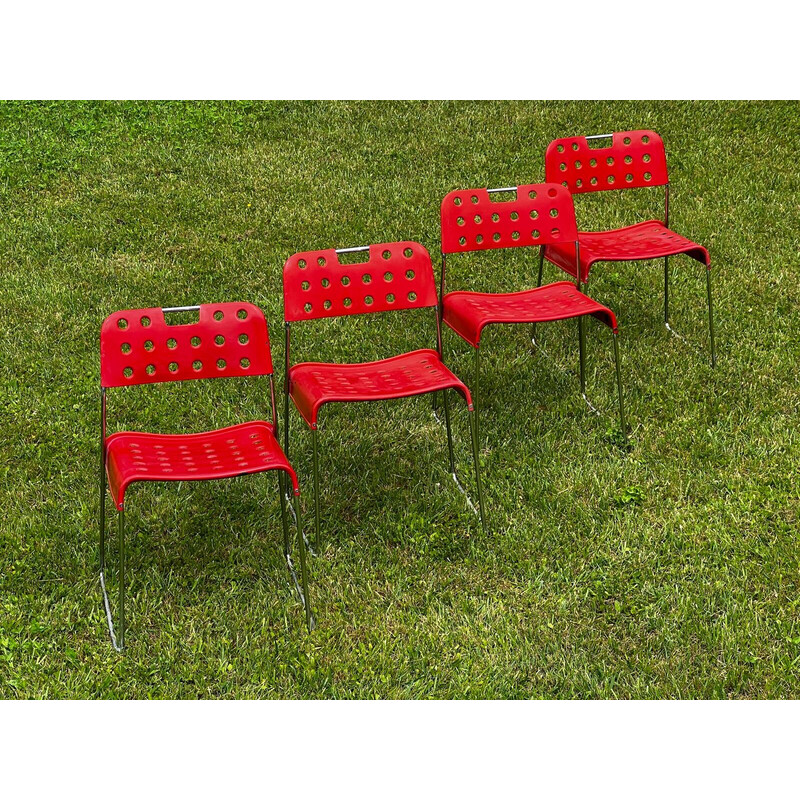 Set of 9 vintage Omstak chairs in lacquered metal and chrome steel by Rodney Kinsman for Bieffeplast, Italy 1960