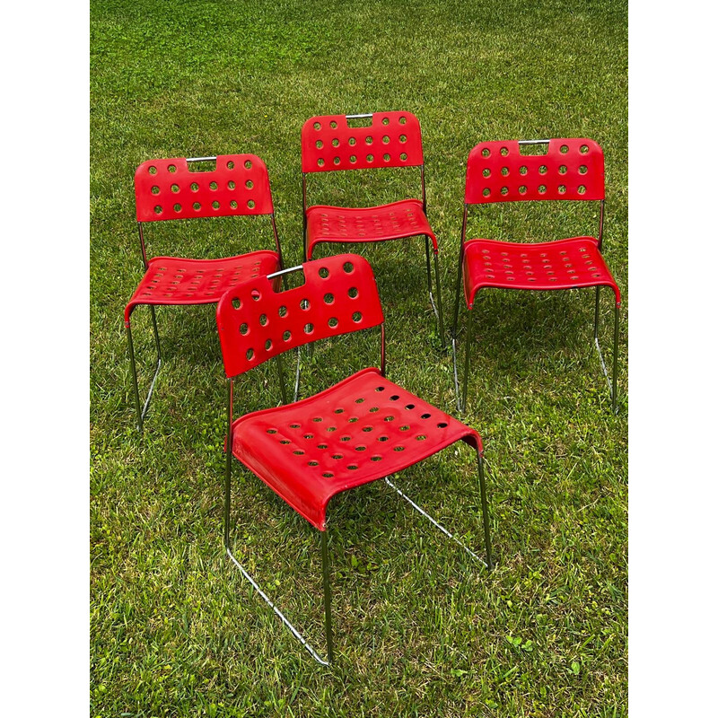 Set of 9 vintage Omstak chairs in lacquered metal and chrome steel by Rodney Kinsman for Bieffeplast, Italy 1960