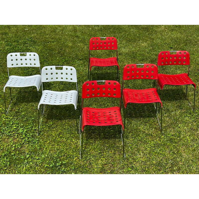 Set of 9 vintage Omstak chairs in lacquered metal and chrome steel by Rodney Kinsman for Bieffeplast, Italy 1960