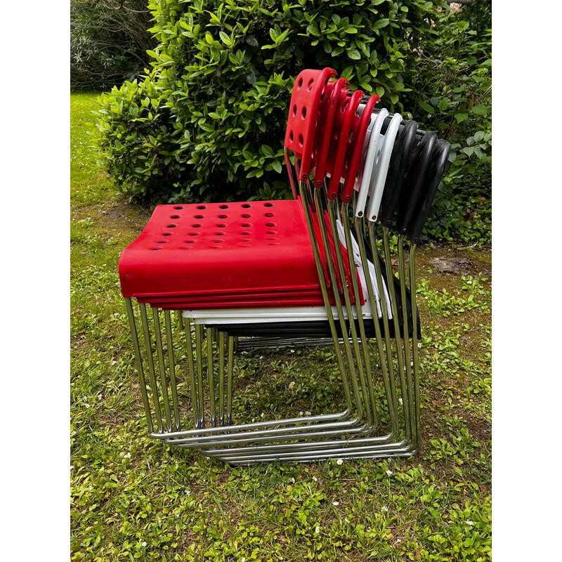 Set of 9 vintage Omstak chairs in lacquered metal and chrome steel by Rodney Kinsman for Bieffeplast, Italy 1960