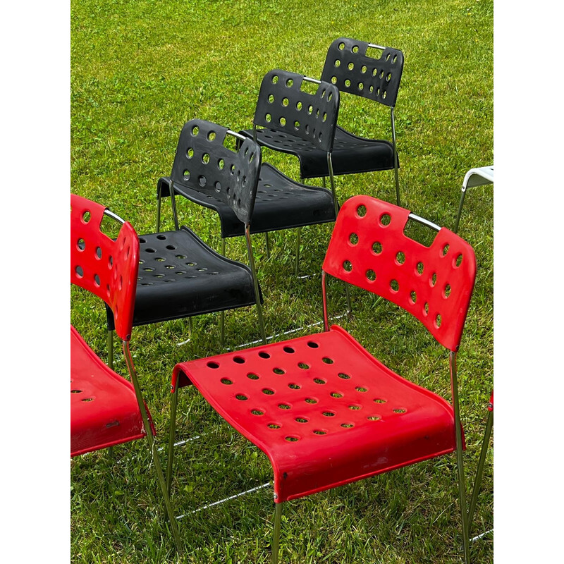 Set of 9 vintage Omstak chairs in lacquered metal and chrome steel by Rodney Kinsman for Bieffeplast, Italy 1960