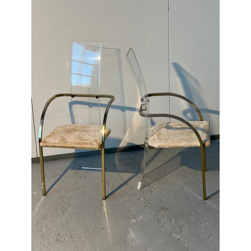 Set of 4 vintage lucite and brass chairs by Charles Hollis Jones for Belgo Chrom, 1970