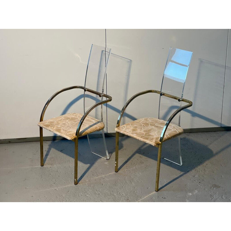 Set of 4 vintage lucite and brass chairs by Charles Hollis Jones for Belgo Chrom, 1970