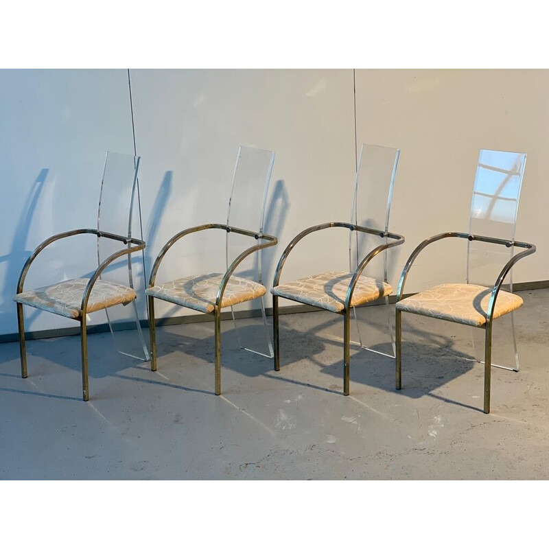 Set of 4 vintage lucite and brass chairs by Charles Hollis Jones for Belgo Chrom, 1970