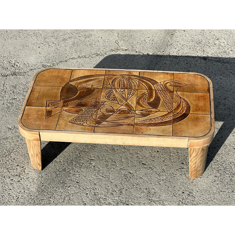 Table basse vintage "Colombe" en chêne et céramique de Raymonde Leduc, 1960