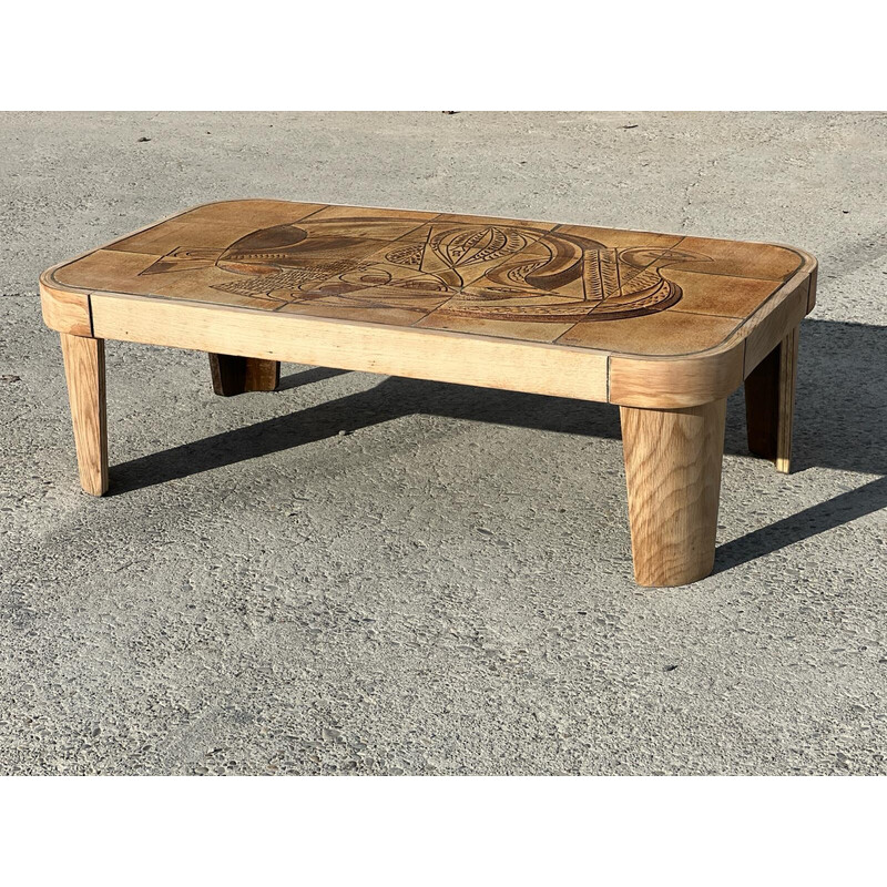 Table basse vintage "Colombe" en chêne et céramique de Raymonde Leduc, 1960