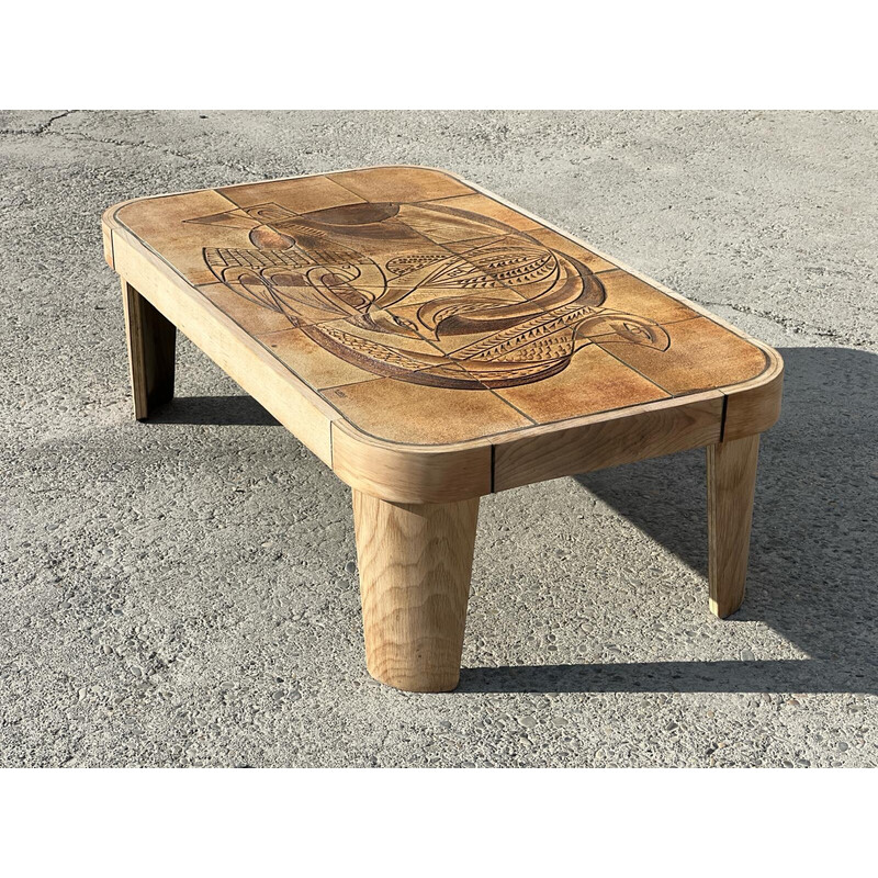 Vintage "Colombe" coffee table in oak and ceramic by Raymonde Leduc, 1960