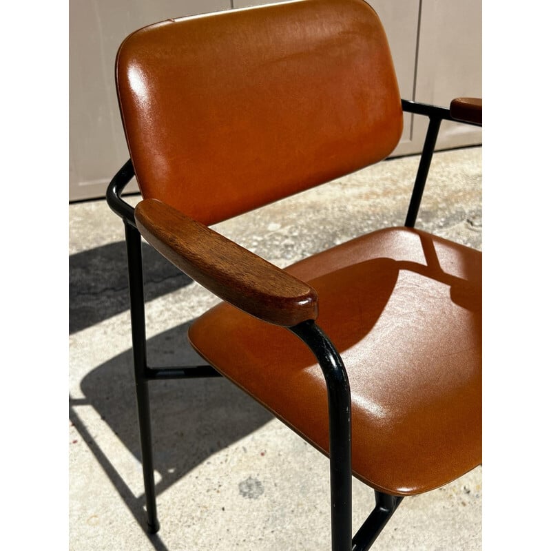 Paire de fauteuils vintage en métal laqué noir et chêne, France 1950